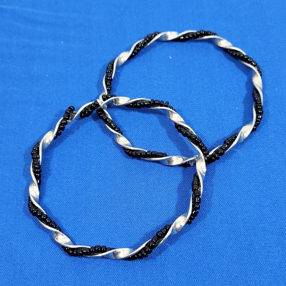 Twisted Black & Silver Beaded Bracelets Bangles Set Of 2